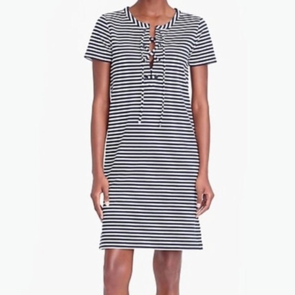 J. Crew Factory Navy White Stripe Lace Up Short Sleeve Shift Dress S